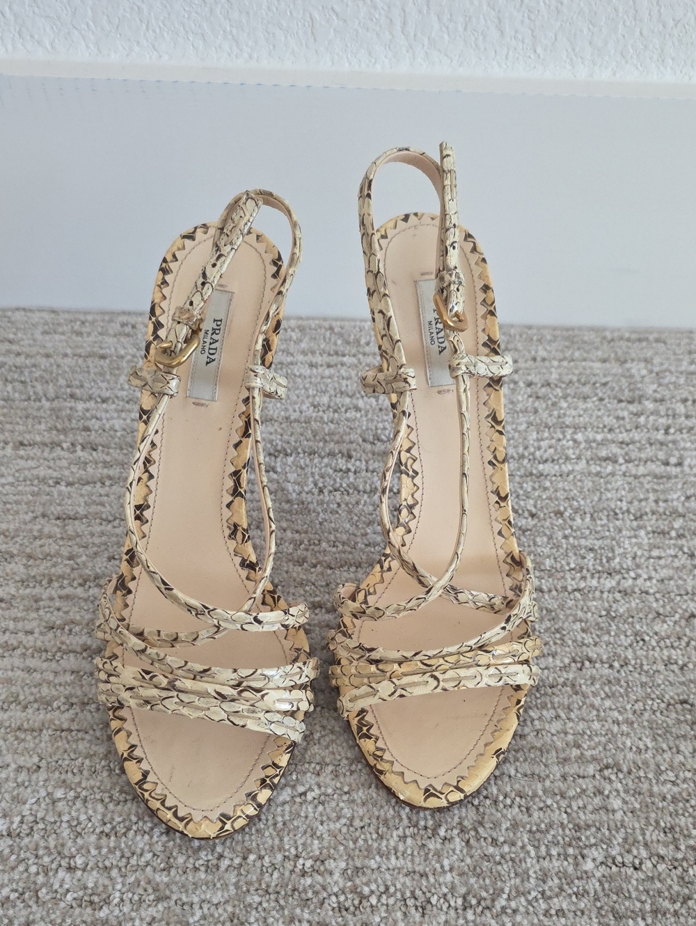 Prada Beige Snake-Print Slingback Heels Sandals